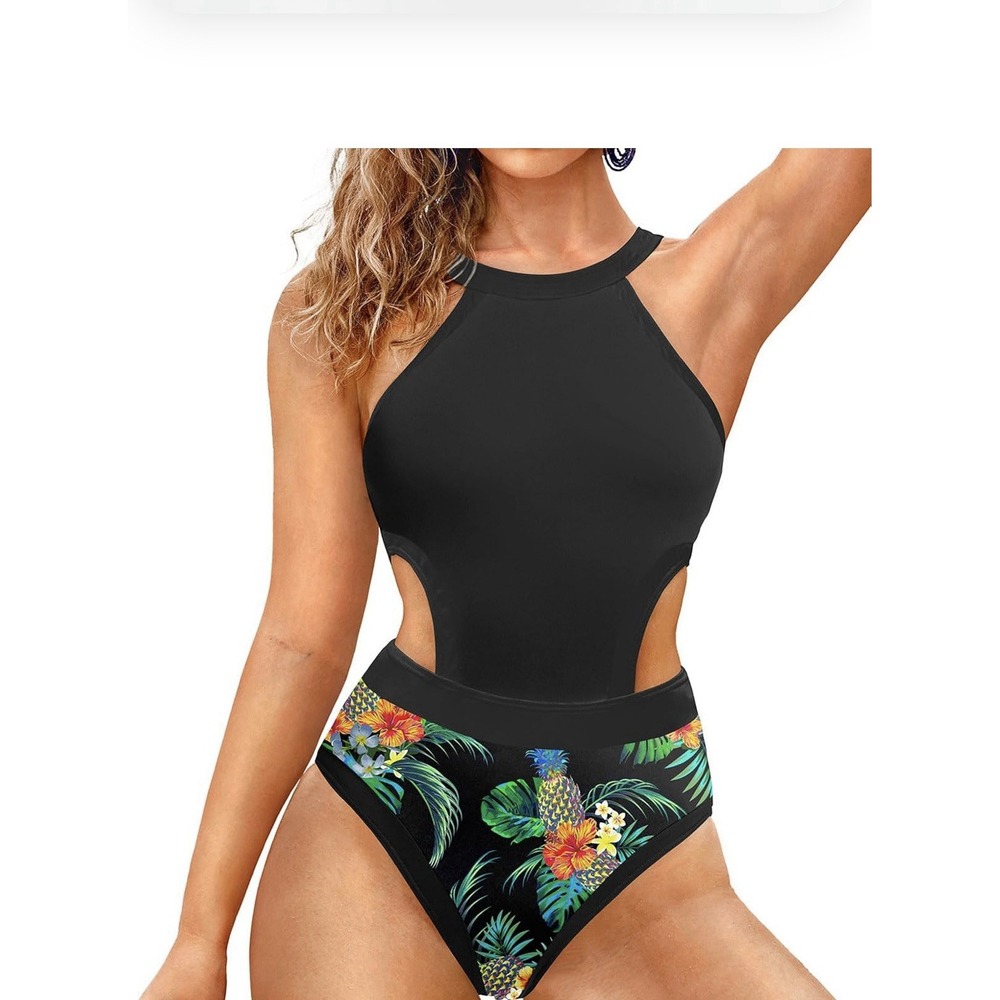 Women's‎ XS Black Cutout Swimsuit Tropical Pineapple Floral Print High Neck